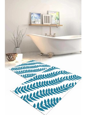 PremiumPort Yıkanabilir Kaymaz Taban Yaprak Desenli Banyo Paspası Klozet Takımı