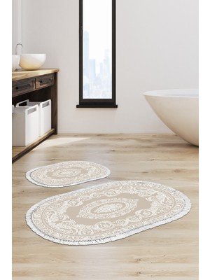 PremiumPort Yıkanabilir Kaymaz Taban Oval Banyo Paspas, Bej, 60X100 & 50X60