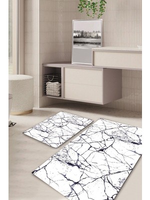 PremiumPort Mermer Desenli Kaymaz Taban Banyo Halısı ve Paspas Takımı (2'li)