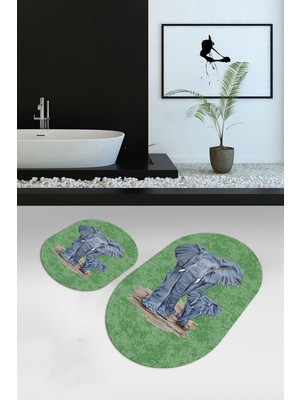 PremiumPort Yıkanabilir, Kaymaz, Dijital Baskılı, Fil Desenli Oval Banyo Klozet Takımı