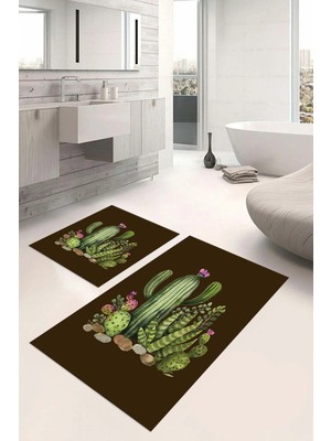 PremiumPort Kaktüs Desenli Yıkanabilir Dijital Baskılı Banyo Paspası ve Klozet Takımı