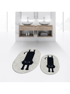 PremiumPort Yıkanabilir Oval Ikili Banyo Paspası, Kaymaz Taban, Şık ve Kullanışlı