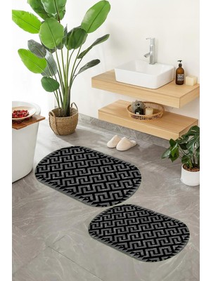 PremiumPort Dijital Baskılı Kaymaz Taban Yıkanabilir Oval Banyo Paspası 2'li Takım
