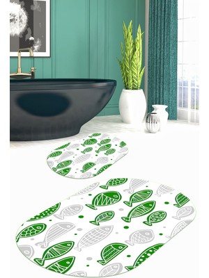 PremiumPort Balık Desenli Kaymaz Oval Banyo Paspası ve Klozet Takımı, Yıkanabilir