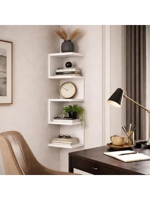 MarkEntegra Çok Amaçlı Beyaz Köşe Duvar Rafı, 4 Raflı