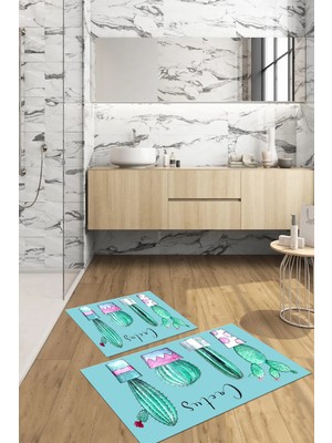 PremiumPort Yıkanabilir Kaymaz Taban Kaktüs Desenli Banyo Paspası ve Klozet Takımı