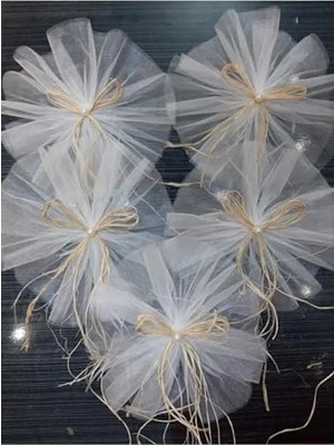 MarkEntegra Beyaz Kristal Tüllü Doğal Rafyalı Bohça, 5 Adet ile Özel Süsleme