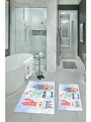 PremiumPort Yıkanabilir ve Kaymaz Dijital Baskılı Kaktüs Desenli Banyo Seti, Ikili Klozet Takımı