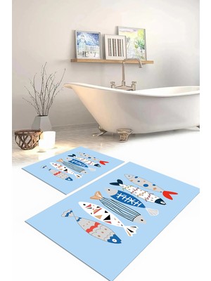 PremiumPort Renkli Balık Desenli Yıkanabilir Banyo Paspası ve Klozet Takımı