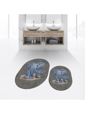 PremiumPort Dijital Baskılı Kaymaz Taban Yıkanabilir Oval Banyo Paspas Takımı