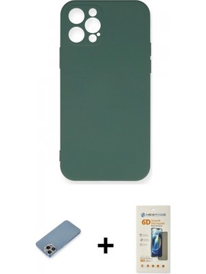 Marsilyan™- iPhone 12 Pro Max Kılıf Ahenk Serisi - Siyah 6d Mat Seramik Hayalet Nano Ekran Koruyucu + Gökkuşağı Shine Kamera Lens Koruma Cam