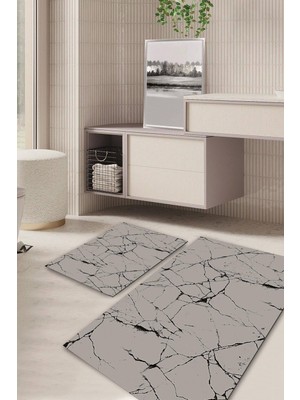 PremiumPort Mermer Desenli Kaymaz Taban Yıkanabilir Banyo Halısı ve Paspas Takımı