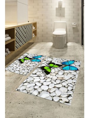 PremiumPort Renkli 3D Dijital Baskılı Kaymaz Taban Yıkanabilir Banyo ve Klozet Takımı