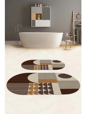 PremiumPort Yıkanabilir Kaymaz Taban Modern Oval Banyo Paspası Klozet Takımı