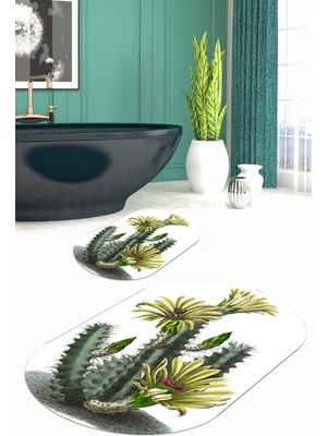 PremiumPort Yıkanabilir Kaktüs Desenli Oval Banyo Paspası Çift Takım