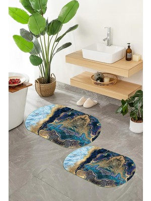 PremiumPort Yıkanabilir Mermer Desenli Oval Banyo Paspası ve Klozet Takımı Seti