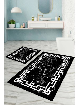 PremiumPort Mermer Desenli Dijital Baskılı Yıkanabilir Banyo Paspası ve Klozet Takımı