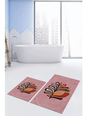 PremiumPort Renkli Yaprak Desenli Yıkanabilir Kaymaz Ikili Banyo Halısı Klozet Takımı