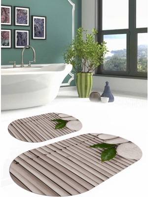 PremiumPort Yıkanabilir Kaymaz Taban Taş Desenli Oval Banyo Paspası Klozet Takımı
