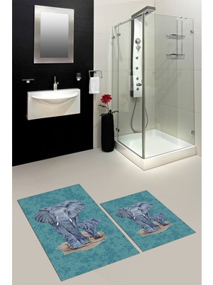 PremiumPort Yıkanabilir Kaymaz Modern Fil Desenli Ikili Banyo Halısı ve Klozet Takımı