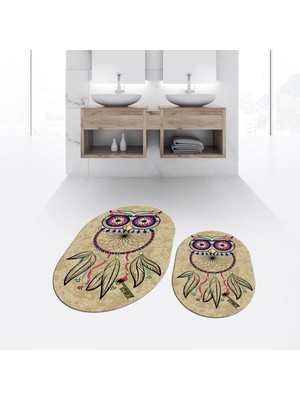 PremiumPort Yıkanabilir Dijital Baskılı Oval Ikili Banyo Paspası ve Klozet Takımı