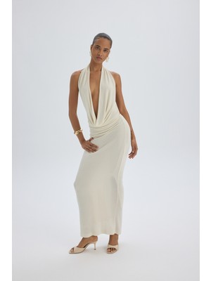 Mai Fahmin Degaje Yaka Ekru Uzun Elbise