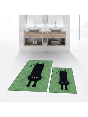 PremiumPort Yıkanabilir, Kaymaz ve Şık Ikili Banyo Paspası Seti, Yeşil Renk