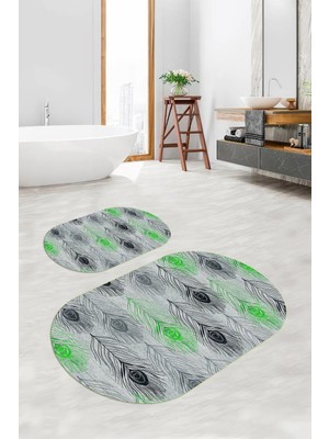 PremiumPort Yıkanabilir Çiçekli Oval Banyo Paspası 2'li Klozet Takımı