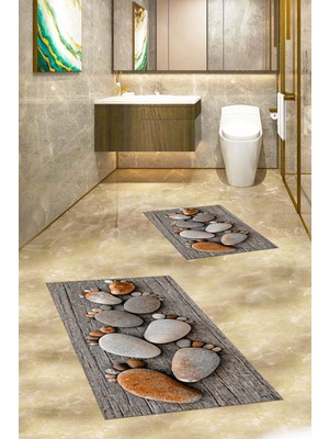 PremiumPort 3D Dijital Yıkanabilir Kaymaz Ayak Izi Desenli Banyo Paspası Takımı