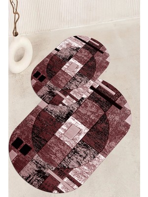 PremiumPort Dijital Baskılı Kaymaz Taban Yıkanabilir Oval Banyo Paspası 2'li Takım