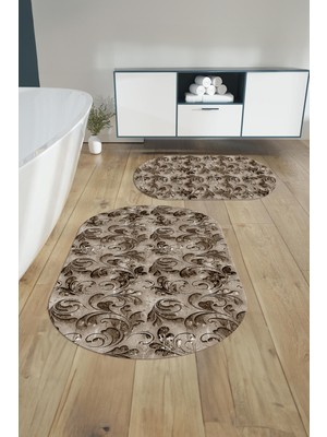 PremiumPort Yıkanabilir Kaymaz Taban Akrilik Desenli Oval Banyo Paspası Klozet Takımı