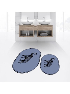 PremiumPort Oval Yıkanabilir Kaymaz Taban Banyo Paspası ve Klozet Takımı Mavi
