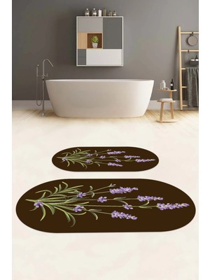 PremiumPort Yıkanabilir Çiçek Desenli Oval Banyo Paspası ve Klozet Takımı