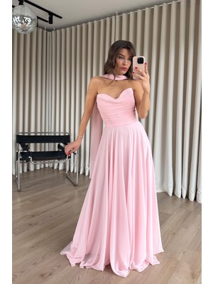 Sue Store Pudra Drapeli Straplez Şallı Abiye Elbise