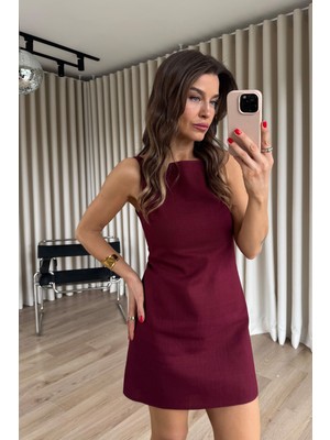 Sue Store Bordo Kare Yaka Askılı Astarlı Premium Keten Dokulu Elbise
