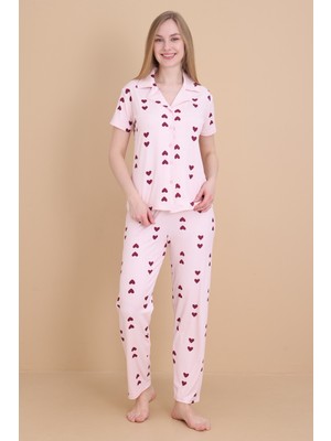 Wordex Mrn 9511 Kalpli Pembe Pegasus Kumaş Düğmeli Kısa Kolu Kadın Pijama Takımı