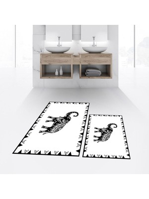 PremiumPort Yıkanabilir Dijital Baskılı Kaymaz Taban Ikili Banyo Paspas Takımı