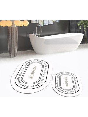 PremiumPort Dijital Baskılı Kaymaz Taban Yıkanabilir Oval Banyo Paspas Takımı