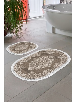 PremiumPort Yıkanabilir Oval Banyo Paspas, Eko Trend Djt 2 Li Osmanlı Vizon
