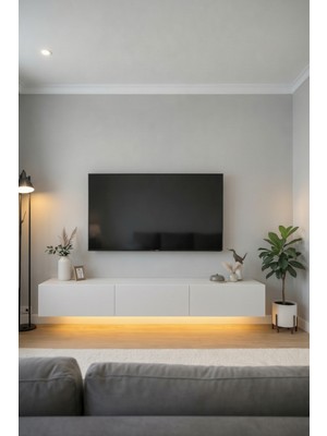 Epos LED Işıklı Tv Ünitesi 170 cm Mat Beyaz Çekmeceli ve Kapaklı Tv Sehpası