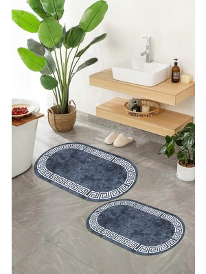 PremiumPort Yıkanabilir, Kaymaz Taban, Çerçeveli Oval Banyo Paspası 2'li Takım