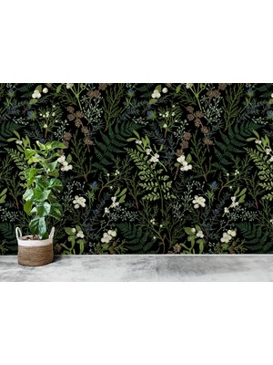 Lotus Aura Siyah Zeminli Çiçekli Yatak Odası Duvar Kağıdı, Tv Arkası Duvar Dekoru