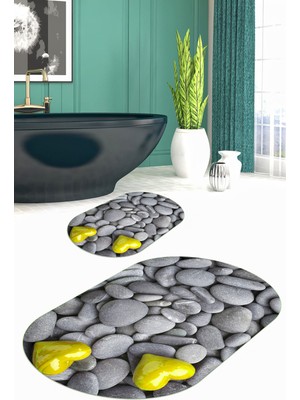 PremiumPort 3D Baskılı Kaymaz Taban Yıkanabilir Oval Banyo Paspası 2'li Takım