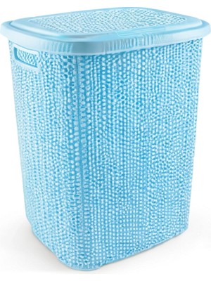 Savarga Kirli Çamaşır Sepeti Kapaklı 65 Lt Örgü Desenli Plastik Çamaşır Sepeti Banyo Sepeti - Mavi