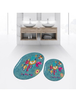 PremiumPort Dijital Baskılı Kaymaz Taban Yıkanabilir Oval Banyo Paspas Takımı