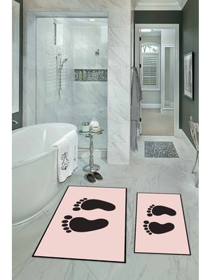 PremiumPort Yıkanabilir Dijital Baskılı Kaymaz Ayak Desenli Ikili Banyo Seti