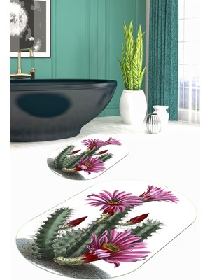 PremiumPort Yıkanabilir Kaktüs Desenli Oval Banyo Paspası Seti, Kaymaz Tabanlı, 2'li