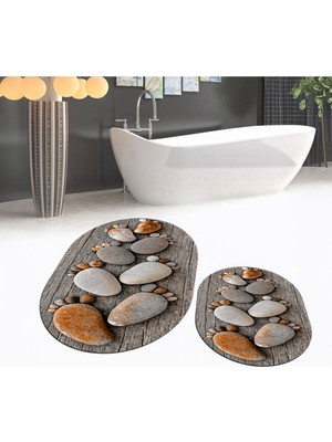 PremiumPort Yıkanabilir Oval Kaymaz Taban Banyo Paspas Takımı Kahve