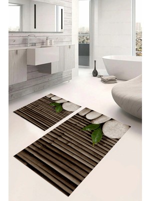 PremiumPort Yıkanabilir Kaymaz Taban Taş Desenli Banyo Paspası ve Klozet Takımı