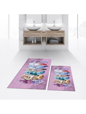 PremiumPort Yıkanabilir Dijital Baskılı Kaymaz Taban Ikili Banyo Paspas Seti